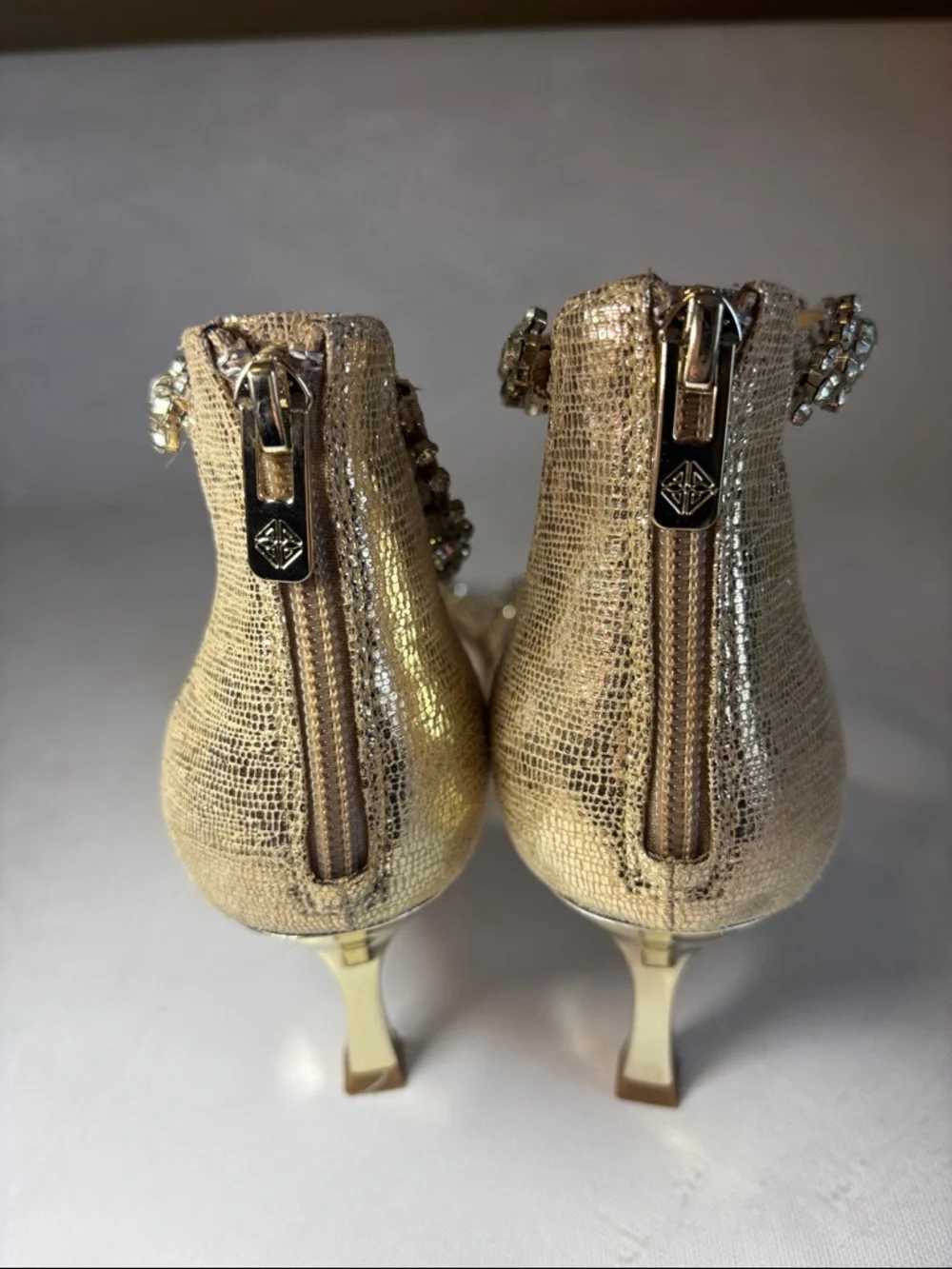 ANTONIO MELANI Gold Rhinestone Ankle-Strap Heels, size 7.5